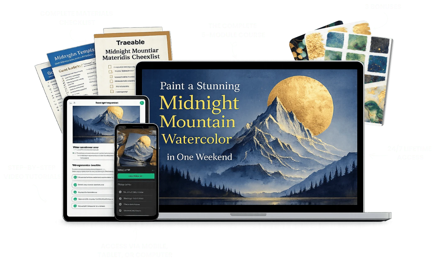 Complete course package with bonuses: video tutorials, materials checklist, 3 bonuses, mobile access, lifetime access
