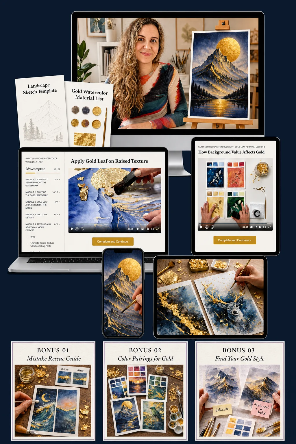 Complete course package with bonuses: video tutorials, materials checklist, 3 bonuses, mobile access, lifetime access