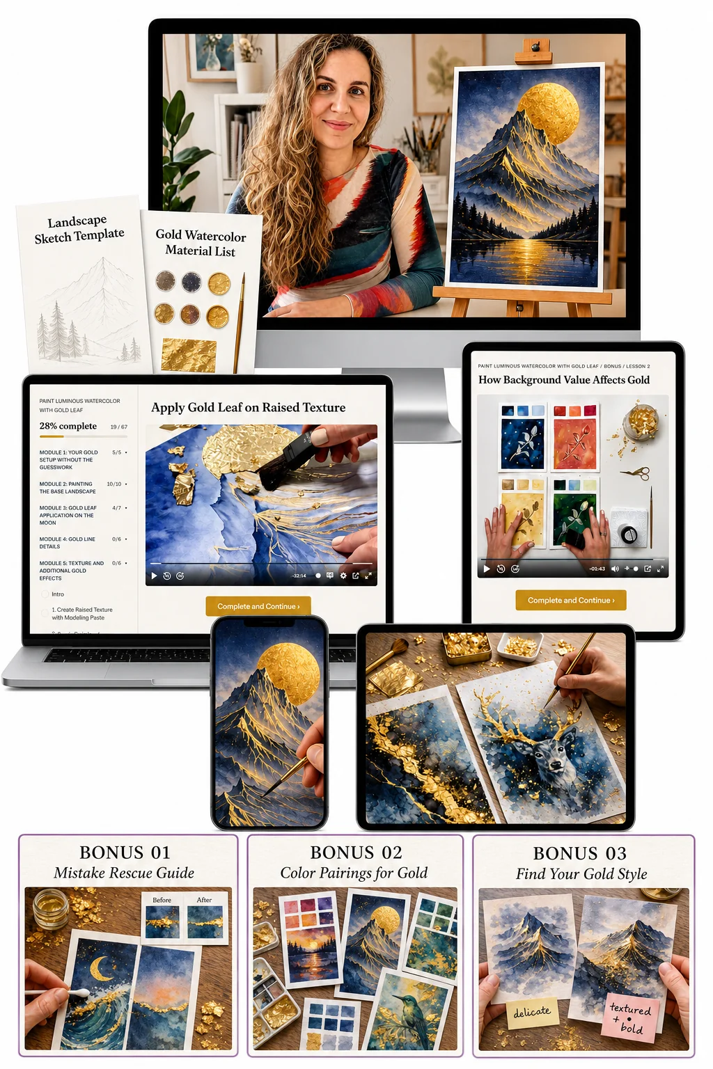 Complete course package with bonuses: video tutorials, materials checklist, 3 bonuses, mobile access, lifetime access