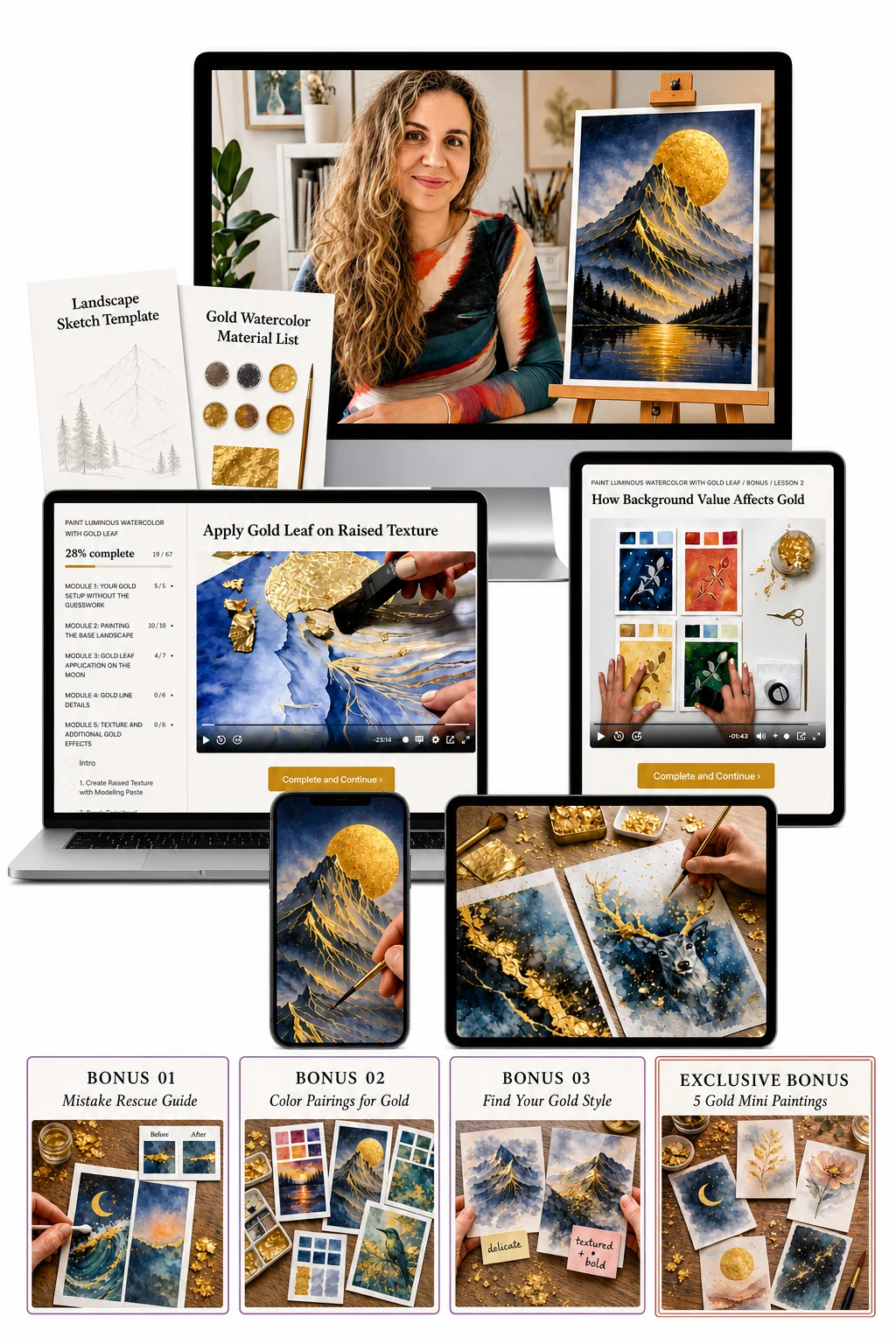 Complete course package with bonuses: video tutorials, materials checklist, 4 bonuses, mobile access, lifetime access