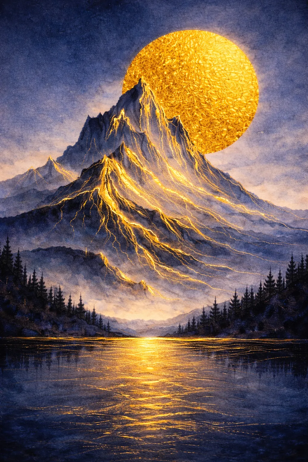 Midnight mountain watercolor landscape with luminous gold leaf moon and ridges