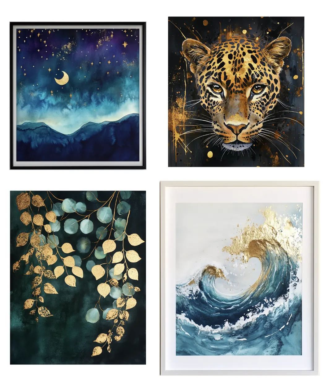 Various gold watercolor paintings including florals, abstracts, and night skies