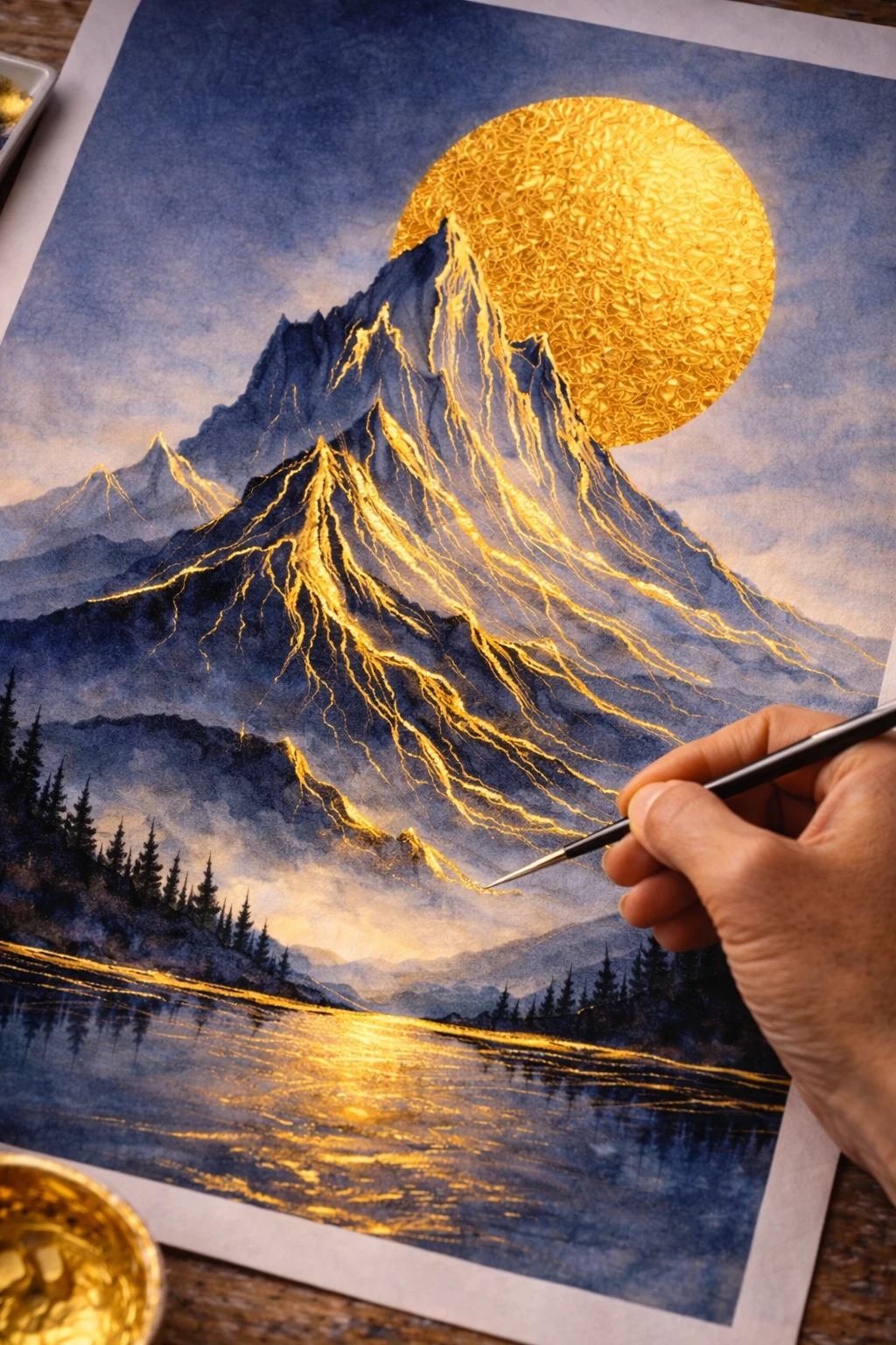 Close-up of gold leaf being applied to a watercolor mountain painting