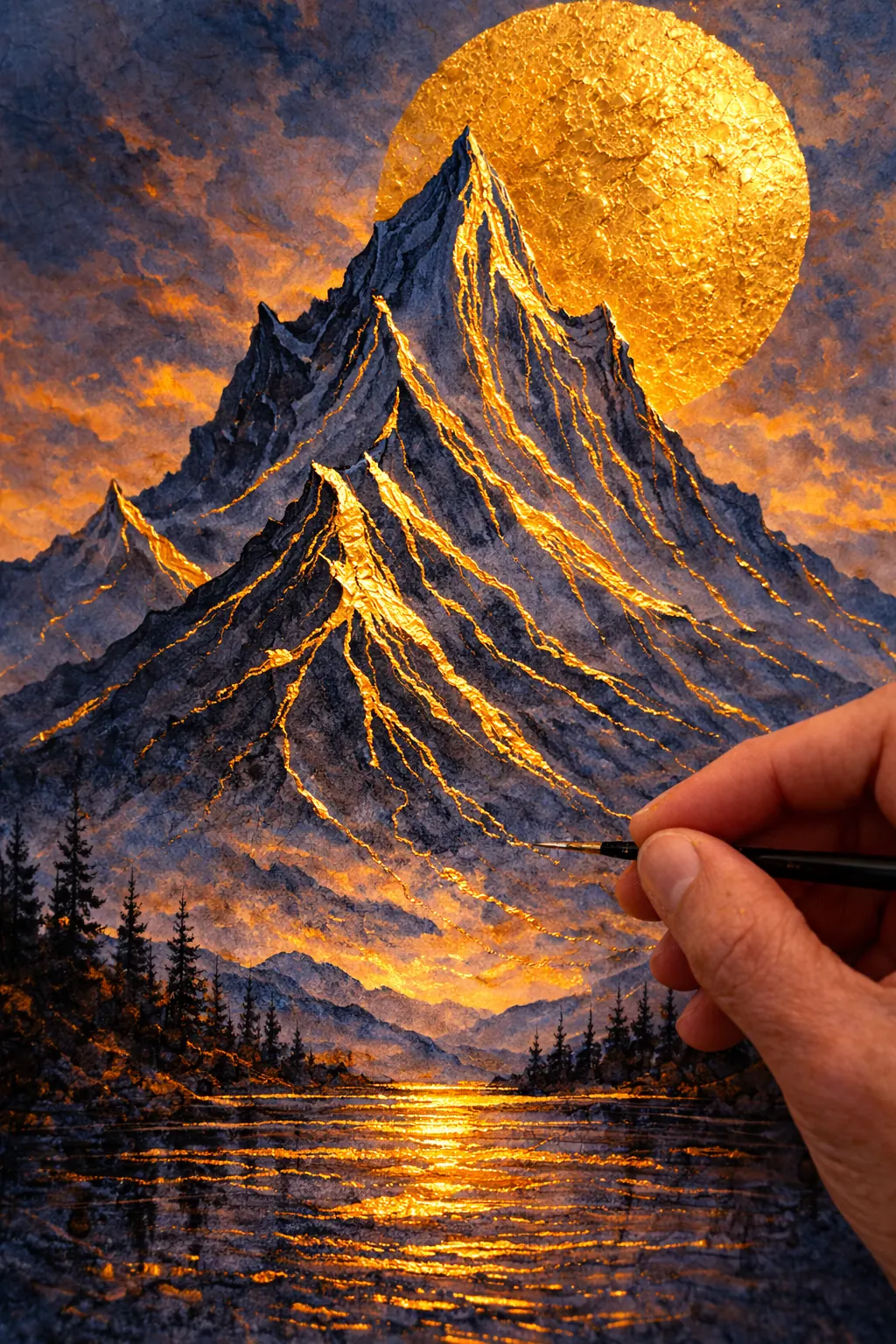 Close-up of gold leaf on watercolor painting