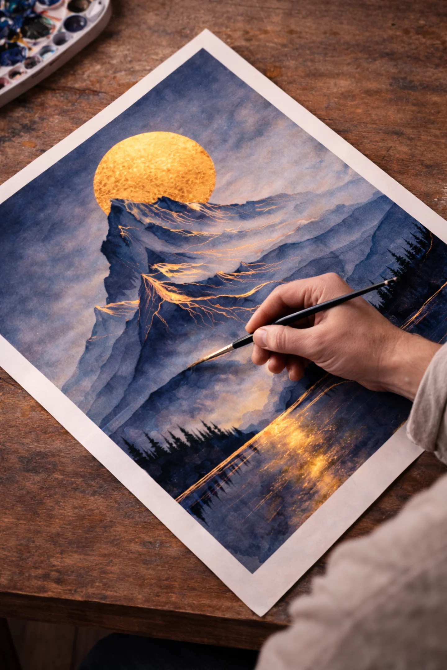Close-up of gold leaf being applied to a watercolor mountain painting