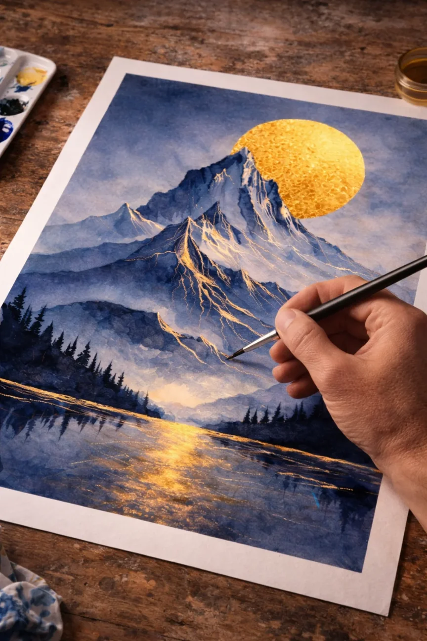 Artist applying watercolor layers to a mountain landscape